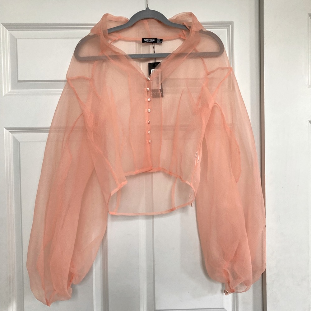 NWT Nasty Gal Sheer Organza Puff Sleeve Top in Peach
